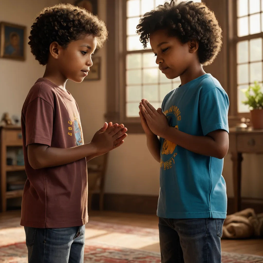 two young boys standing in a room with their hands together and praying together with a rug on the floor, black arts movement, a stock photo, Ella Guru, promotional image