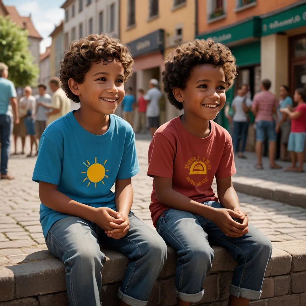 two young boys sitting on a brick wall in a town square smiling at the camera with people in the background, barbizon school, a stock photo, Christian Hilfgott Brand, promotional image