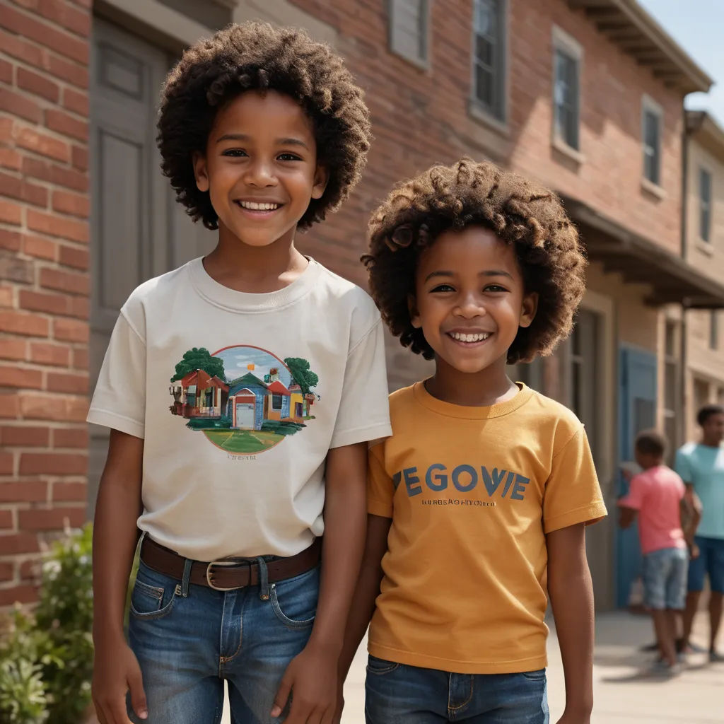 two young children standing next to each other on a sidewalk in front of a brick building with people walking by, neogeo, a storybook illustration, Christian Hilfgott Brand, promotional image