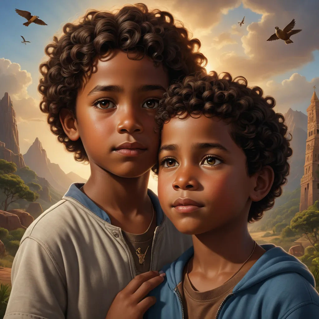 a painting of two children standing next to each other in front of a mountain landscape with birds flying overhead, photorealism, a detailed painting, Brothers Hildebrandt, highly detailed digital painting