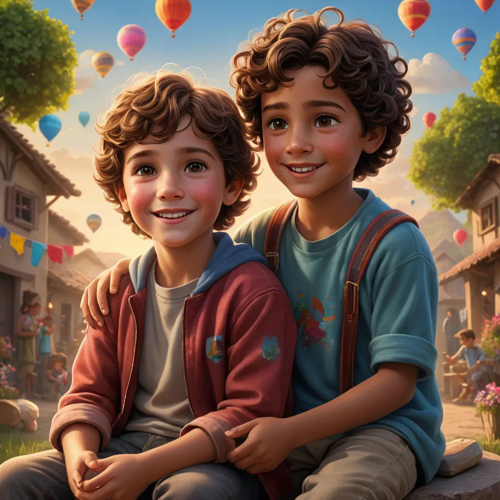 a couple of kids sitting next to each other on a rock in front of a house and balloons flying in the sky, photorealism, a detailed painting, Alejandro Burdisio, cgstudio