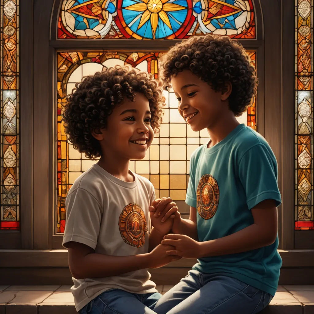 two children sitting on a window sill with stained glass behind them and a stained glass window behind them, photorealism, poster art, Chris LaBrooy, j. c. leyendecker 8 k