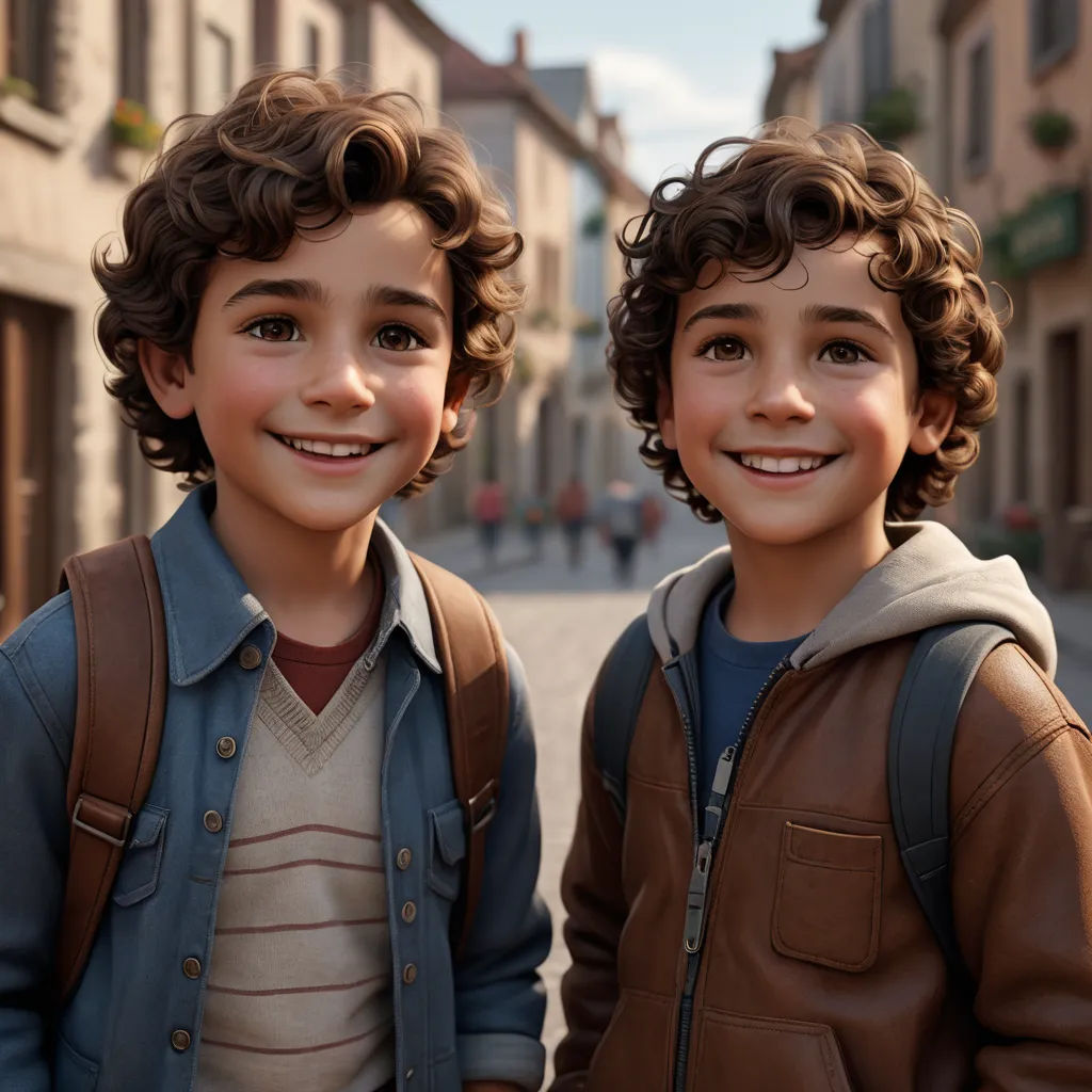 two young boys standing next to each other on a street corner with buildings in the background and a person in the foreground, photorealism, a computer rendering, Eddie Mendoza, unreal engine highly rendered