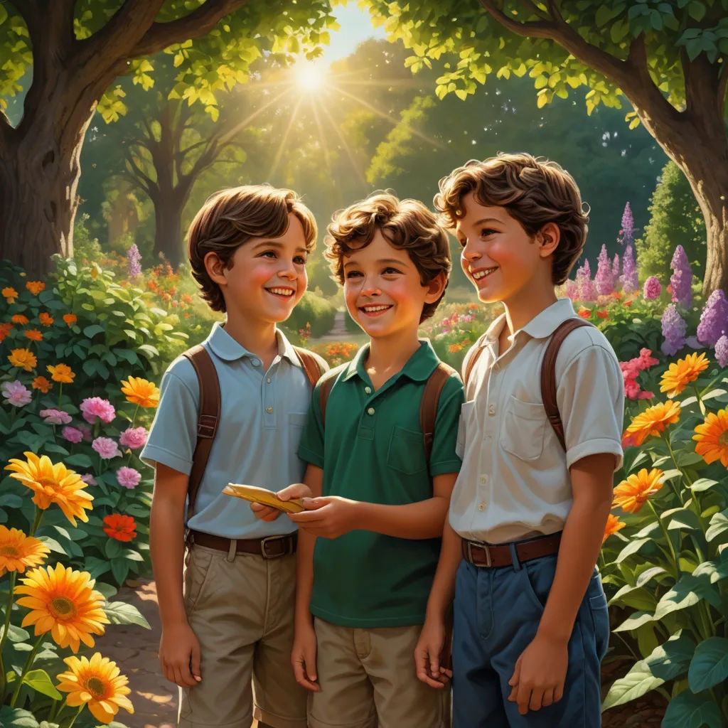 three boys standing in a garden with flowers and trees in the background and a sun shining through the trees, photorealism, an oil painting, Brothers Hildebrandt, official art