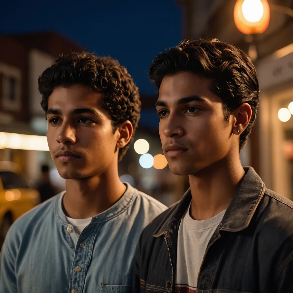 two young men standing next to each other on a street at night time, one of them looking at the camera, samikshavad, a photocopy, Fathi Hassan, promotional image