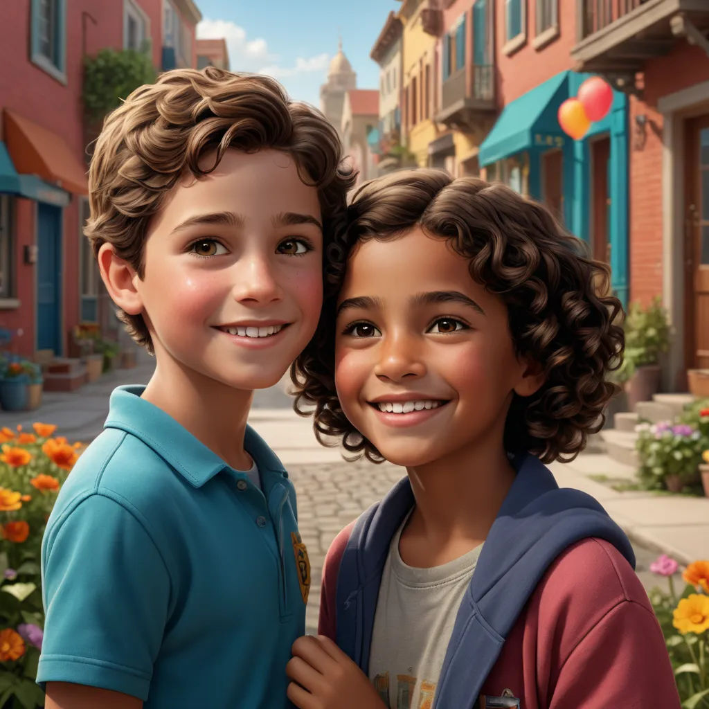 two children standing next to each other in front of a flower garden and buildings with a street sign in the background, photorealism, a poster, Felix-Kelly, promotional image