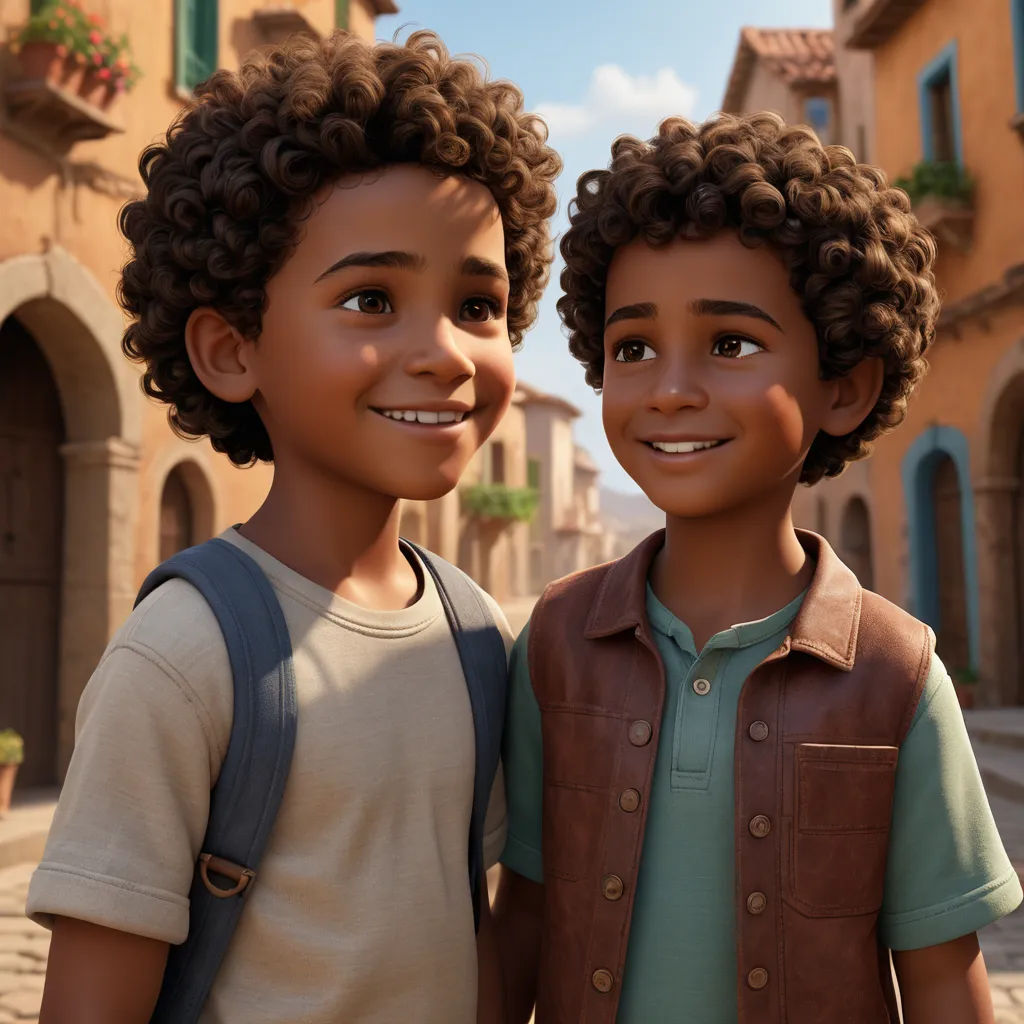 two children standing next to each other in a street with buildings in the background and a blue sky in the background, photorealism, concept art, Felix-Kelly, unreal engine highly rendered
