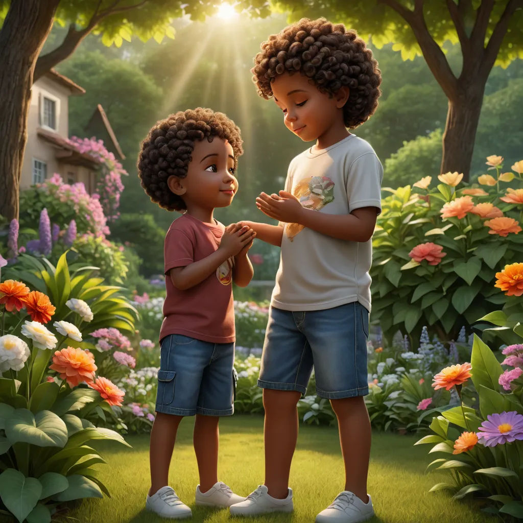 two children standing in a garden with flowers and trees in the background, one of them is touching the other hand, photorealism, poster art, Felix-Kelly, official art