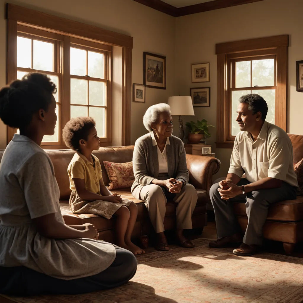 a family sitting on a couch in a living room talking to each other and smiling at each other's side, american scene painting, a stock photo, Eric Zener, promotional image