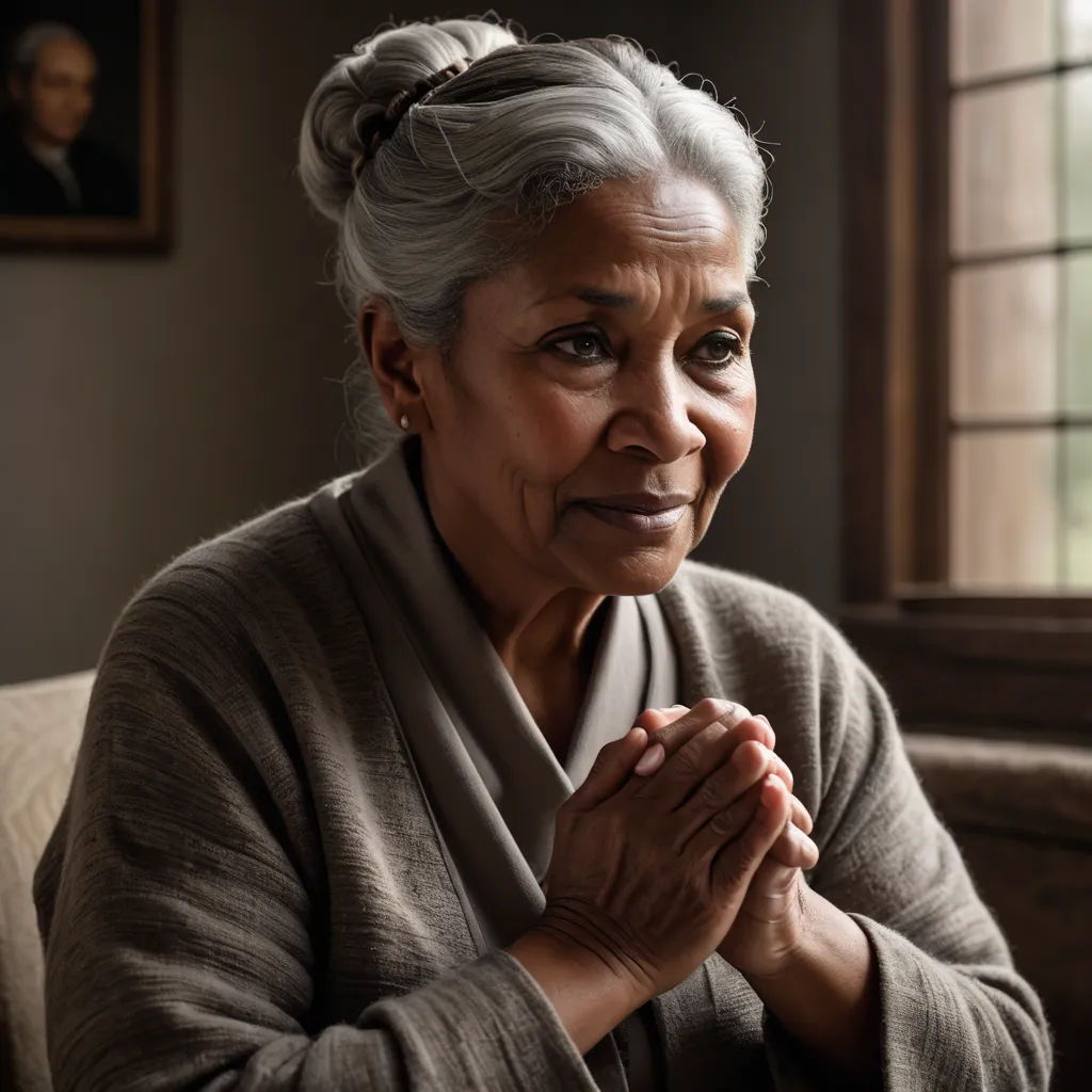 a woman sitting on a couch with her hands folded in prayer position, looking out the window, with a serious look on her face, samikshavad, a stock photo, Betye Saar, promotional image