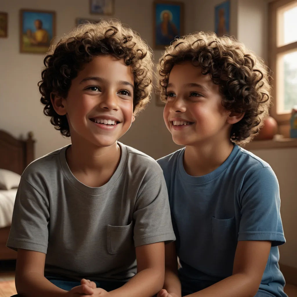 two young boys sitting on a bed smiling at the camera with their hands crossed and their eyes closed,, photorealism, computer graphics, Fra Angelico, promotional image