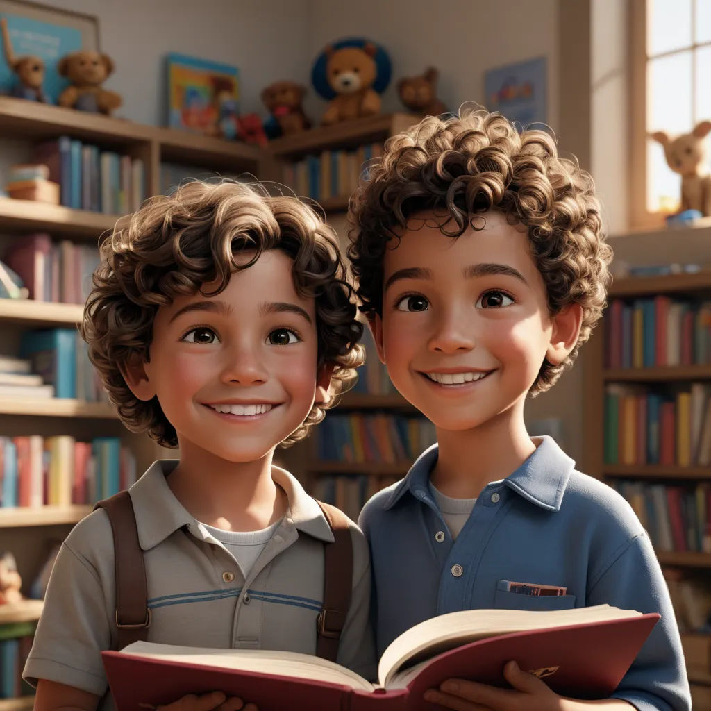 two children are standing in front of a bookcase and smiling at the camera, with a teddy bear on the shelf behind them, photorealism, a poster, Chris LaBrooy, unreal engine highly rendered