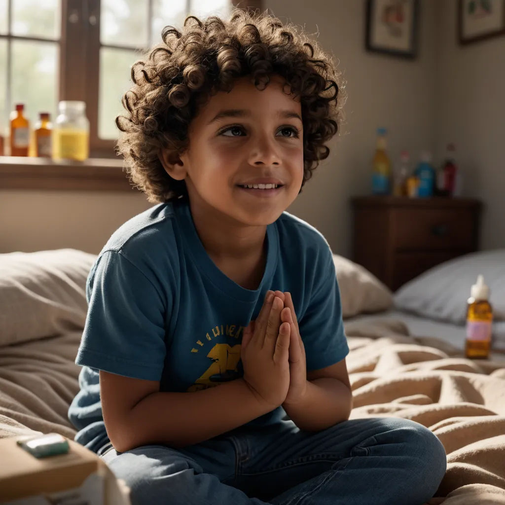 a young boy sitting on a bed with his hands folded in prayer position with a bottle of sunscreen in the background, hurufiyya, a stock photo, Ella Guru, anamorphic lens flare