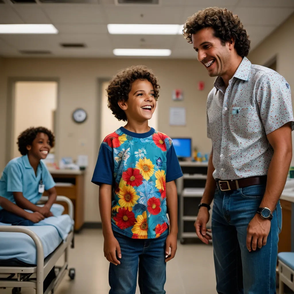 a man standing next to a little boy in a hospital room with other people in the background smiling at the camera, neoplasticism, a stock photo, Adam Dario Keel, promotional image