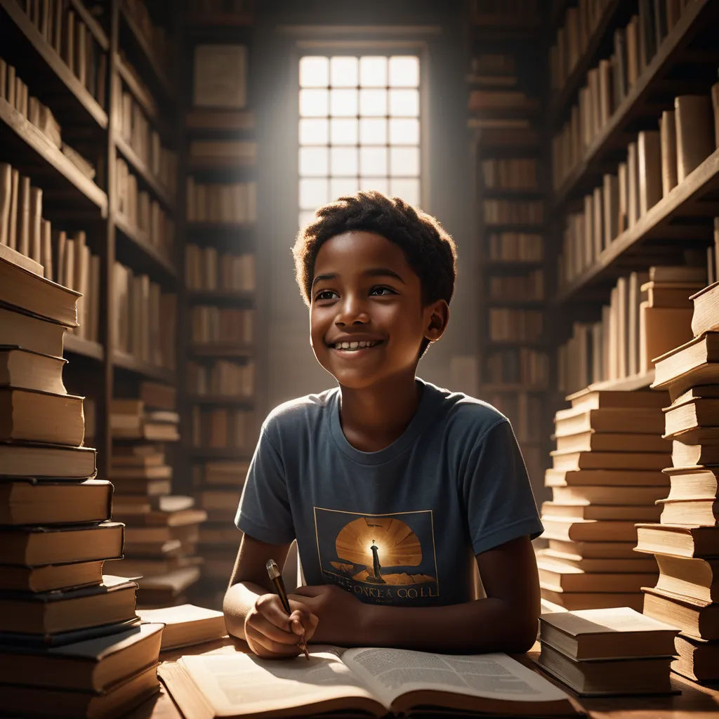 a boy is smiling while sitting in a library with books on the floor and a book shelf full of books, art photography, a storybook illustration, Chris LaBrooy, cinematic photography