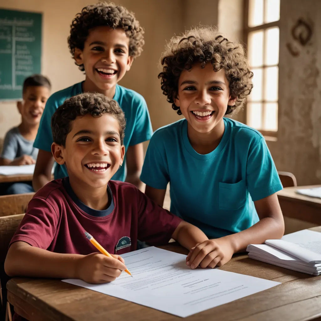 three children sitting at a desk with a pen and paper in front of them and a book on the desk, quito school, a stock photo, Daniel Lieske, promotional image
