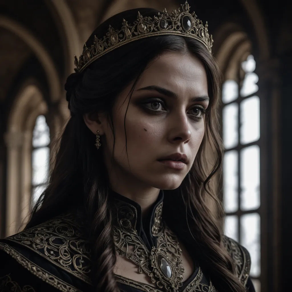 a woman in a crown and dress in a room with windows and a window behind her is looking at the camera, gothic art, a character portrait, Araceli Gilbert, medieval