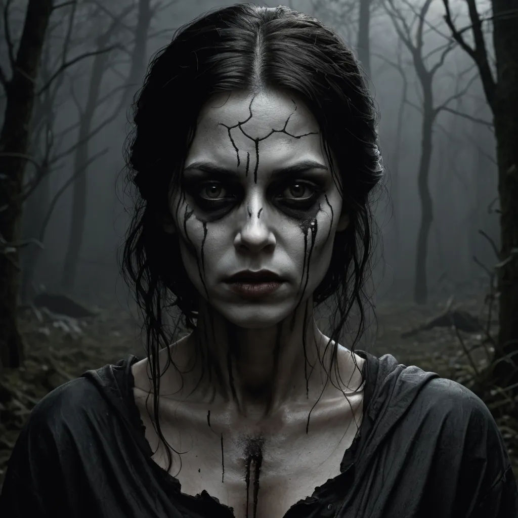 a woman with makeup and makeup art on her face in a dark forest with trees and grass, with a creepy look on her face, gothic art, a character portrait, Dirk Crabeth, promotional image