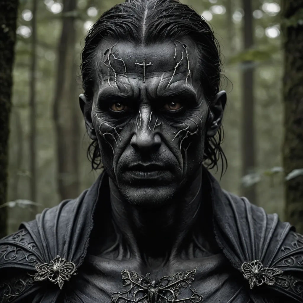 a man in a black outfit with a cross on his forehead and a cross on his chest, in a forest, gothic art, a character portrait, Dirk Crabeth, weta digital