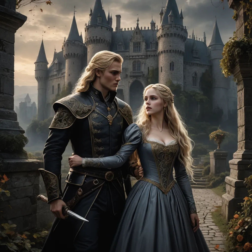 a man and a woman dressed in medieval clothing standing in front of a castle with a sword in their hand, fantasy art, a detailed matte painting, Dirk Crabeth, key art