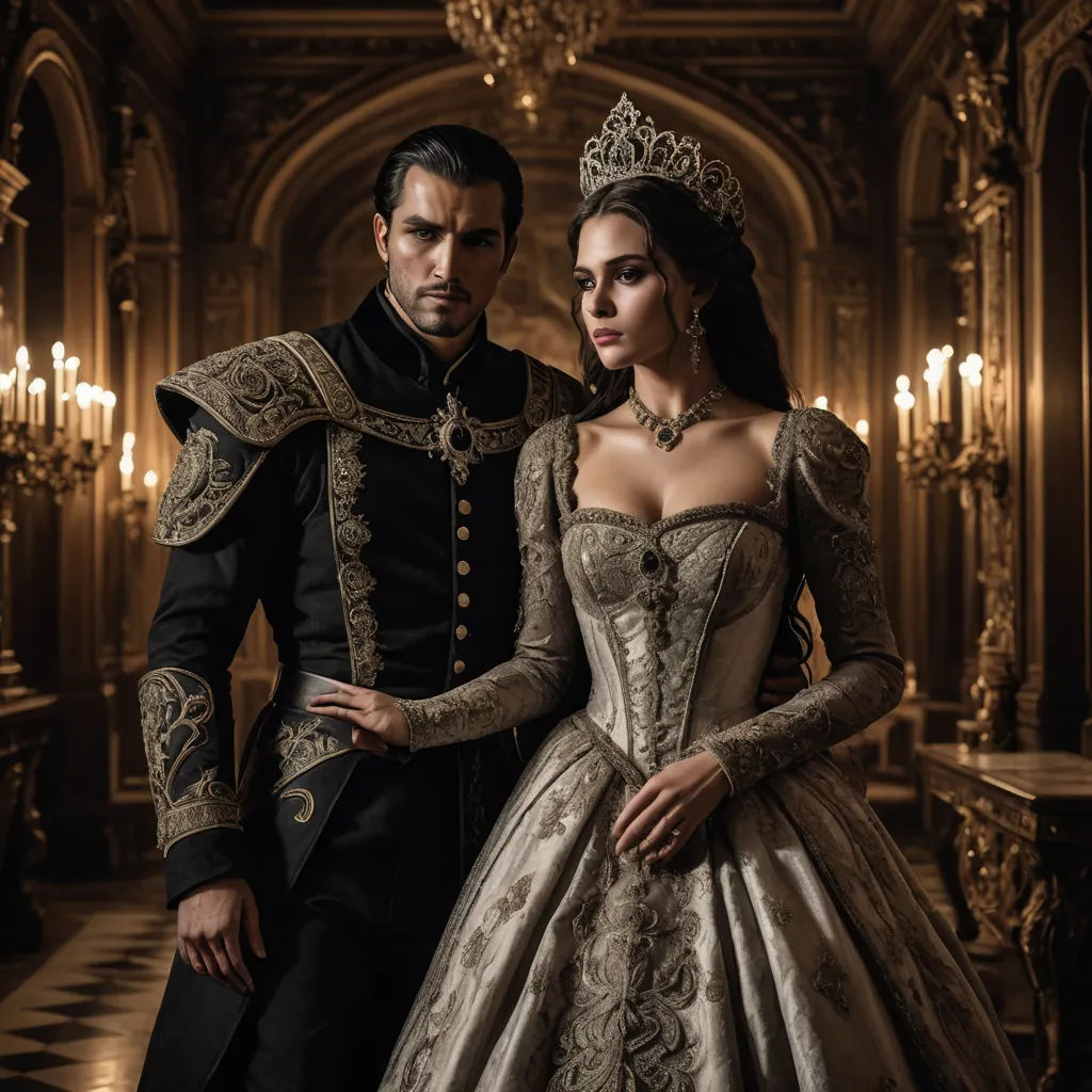 a man and a woman in formal wear standing together in a hall with chandeliers and chandeliers, international gothic, a flemish Baroque, Dirk Crabeth, promotional image
