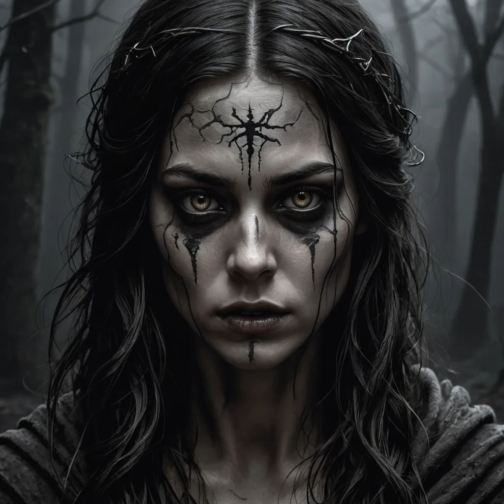 a woman with a creepy face and a cross on her forehead in a forest with trees and branches, with a creepy look on her face, gothic art, poster art, Dirk Crabeth, elden ring
