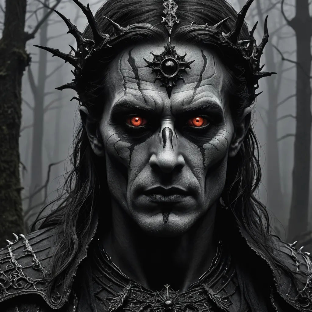 a man with red eyes and horns in a forest with trees and fogs behind him is a demon, gothic art, a detailed matte painting, Eddie Mendoza, dark art