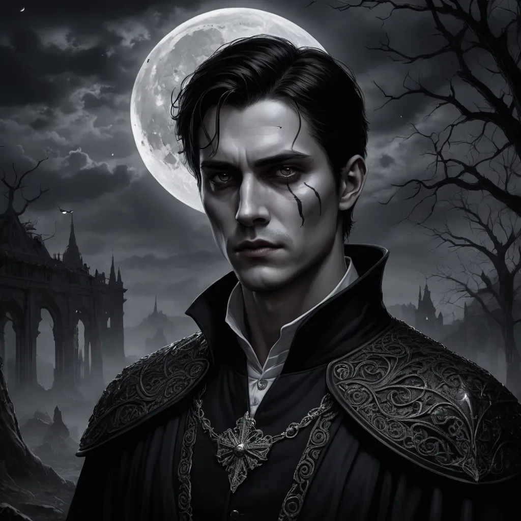 a man in a black coat and a full moon in the background with trees and a castle in the background, gothic art, a character portrait, Bastien L. Deharme, dark fantasy art