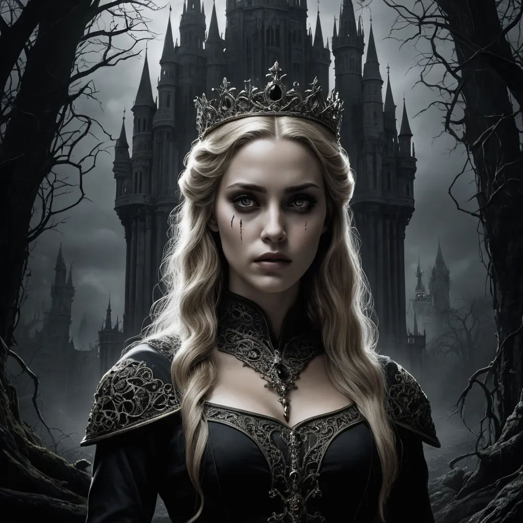 a woman in a black dress and crown standing in front of a castle with a dark background and a creepy looking face, gothic art, poster art, Anne Stokes, gothic