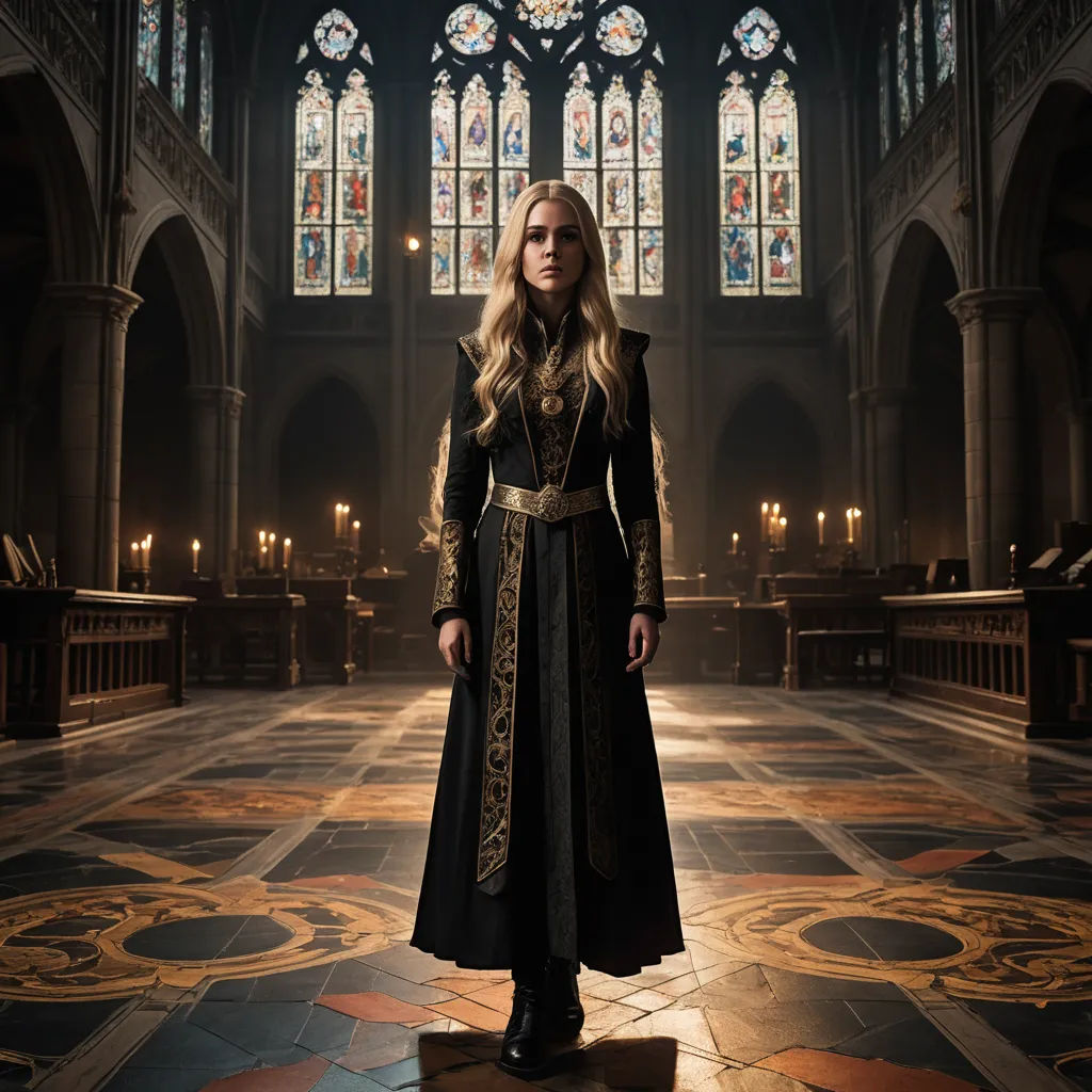 a woman in a black dress standing in a church with stained glass windows behind her and a floor with a floor pattern, renaissance, a poster, Christabel Dennison, promotional image