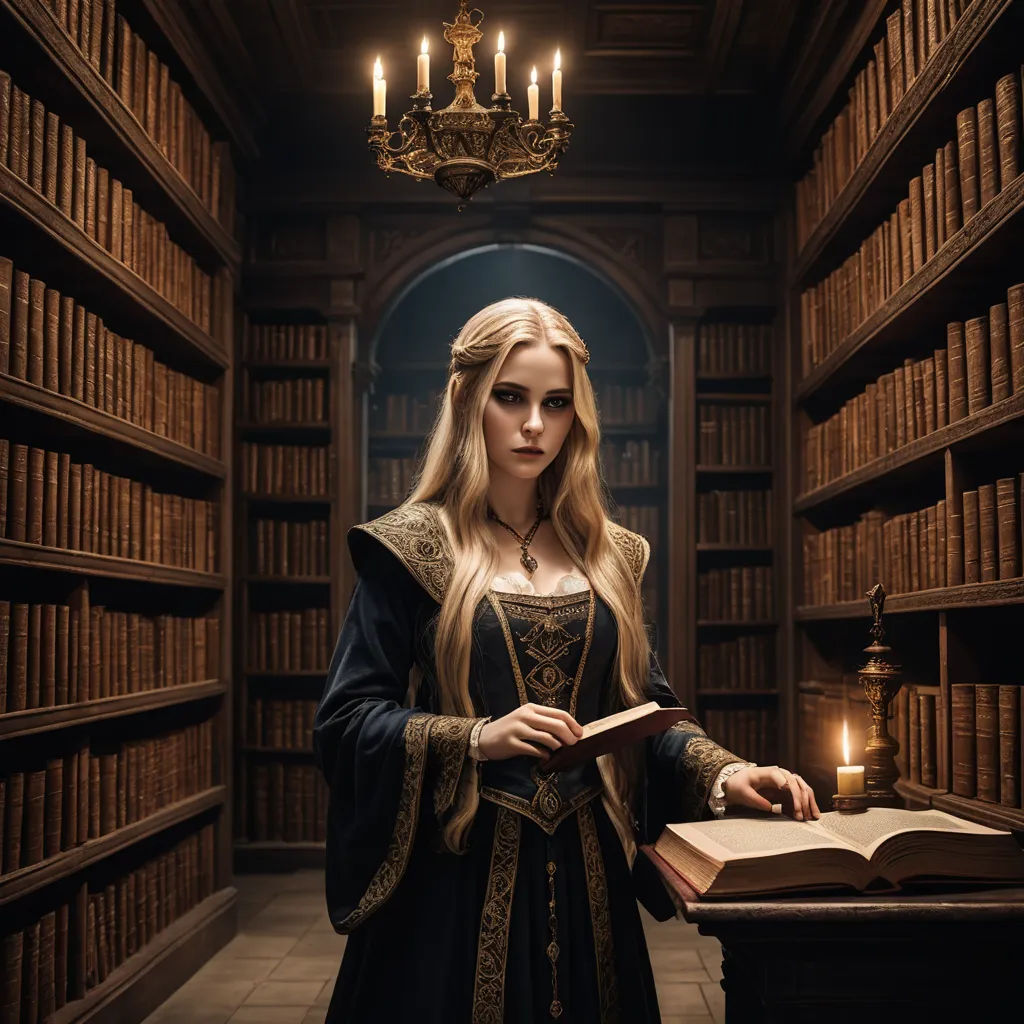 a woman in a library holding a book and a candle in her hand and looking at the camera with a creepy look on her face, gothic art, a storybook illustration, Artur Tarnowski, medieval