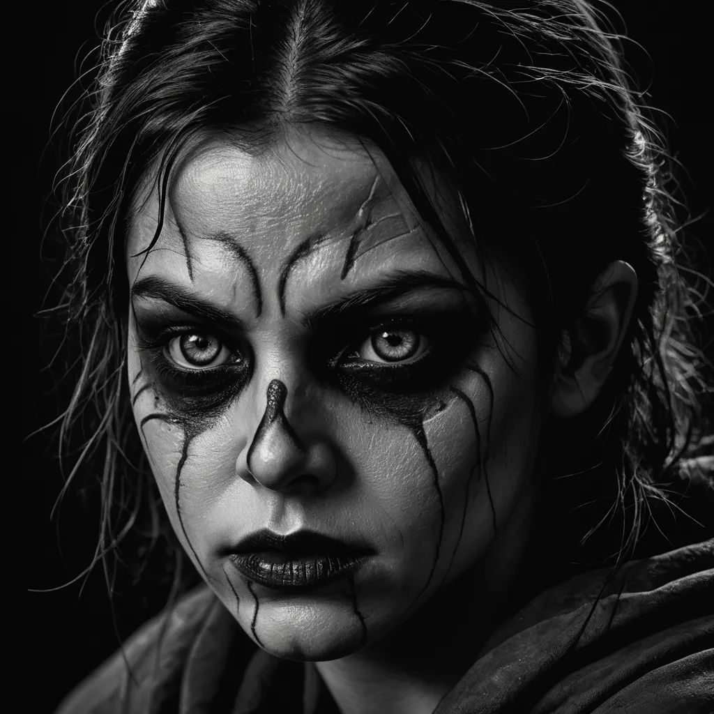 a woman with makeup and makeup art on her face and nose, with a black background and a black background, antipodeans, a character portrait, Dirk Crabeth, dark art