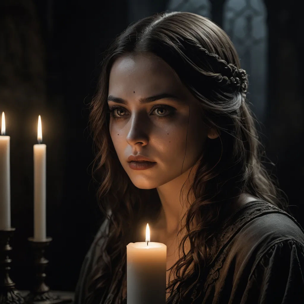 a woman with long hair and a crown on her head is standing in front of a candle with three candles, gothic art, a character portrait, Dirk Crabeth, candles
