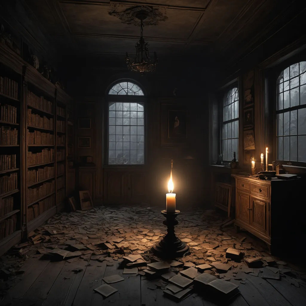 a candle is lit in a dark room with books scattered around it and a bookcase in the background, gothic art, a 3D render, Dirk Crabeth, unreal engine render
