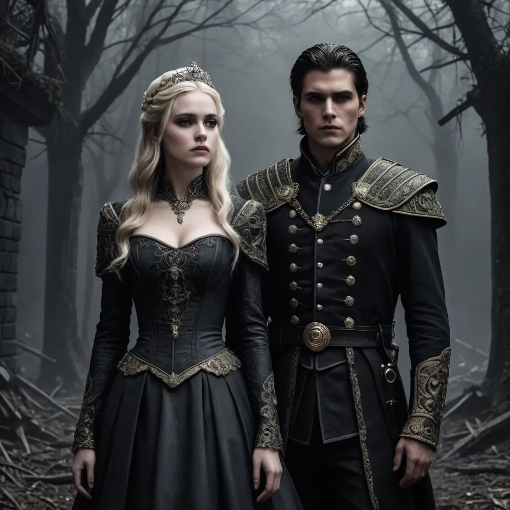 a man and a woman dressed in medieval clothing standing in a forest with trees in the background and fog, international gothic, a poster, Dirk Crabeth, dark shadows