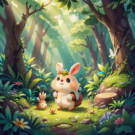 a rabbit sitting in the middle of a forest with other animals around it and a forest background with trees and grass