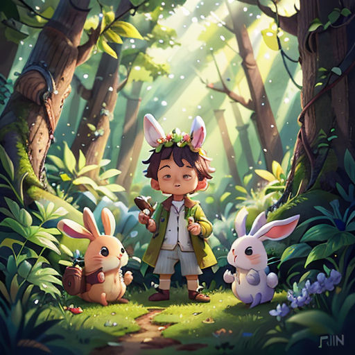 a little girl standing in the middle of a forest with rabbits and a forest background with trees and grass