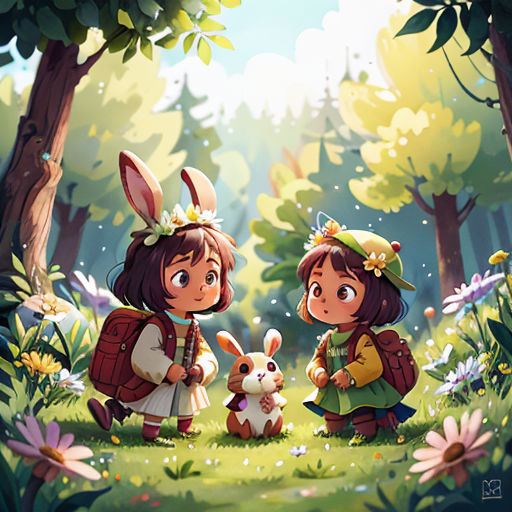two children in a forest with a rabbit and a rabbit in front of them, with a forest background