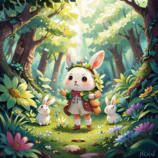 a rabbit with a flower crown standing in the woods with two rabbits in front of it and a forest background
