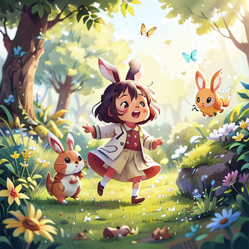 a little girl is playing with some animals in the woods with a butterfly flying overhead and a rabbit in the foreground