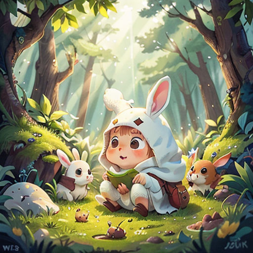 a little girl sitting in the forest with rabbits and a rabbit in front of her, with a forest background