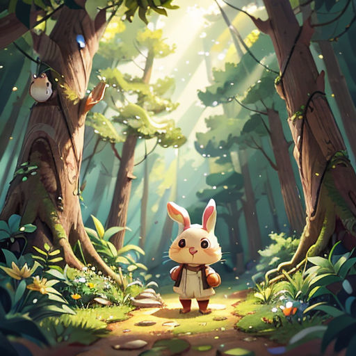 a rabbit in the middle of a forest with a light shining through the trees and a path leading to it