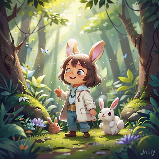 a little girl in a forest with rabbits and a bunny in the foreground, with a light shining on her