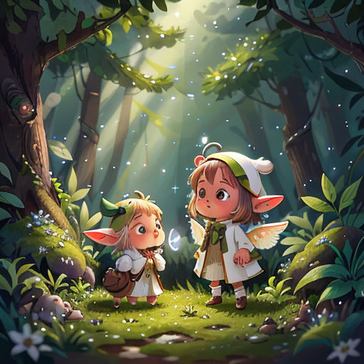 two little girls standing in the woods with a fairy on their back, looking at the stars above them