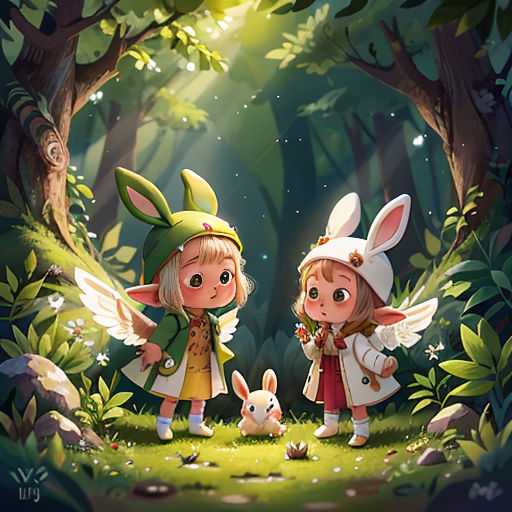 two little girls dressed as elves in the woods with rabbits in their hands and a forest background with trees and grass