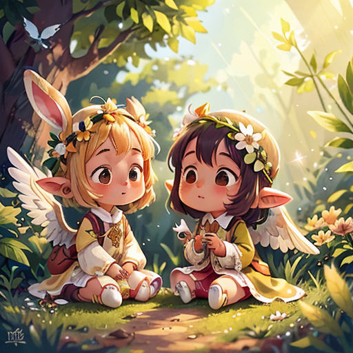 two little girls sitting on the ground in the woods with a bunny and a bunny rabbit on their lap