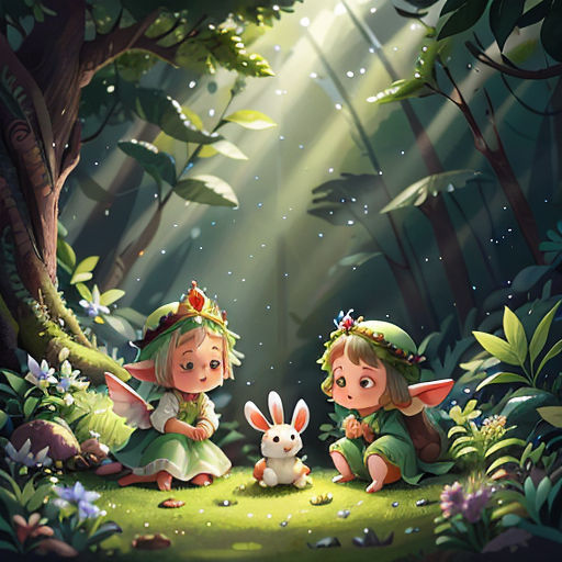 two little girls sitting in the woods with a bunny rabbit in front of them and a forest background with sunlight streaming through the trees