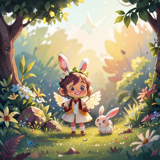 a little girl with bunny ears standing in the woods with a bunny rabbit behind her, with a bird flying overhead