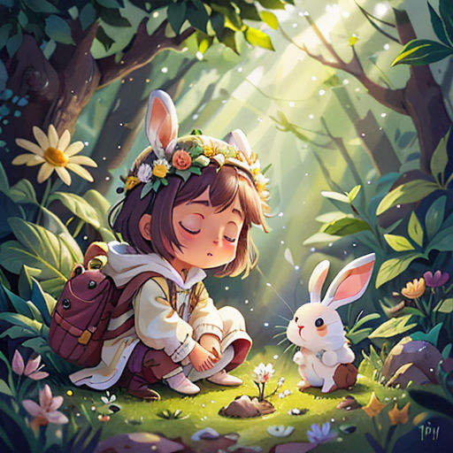 a little girl sitting in the forest with a bunny and a bunny rabbit in front of her, with a light shining through the trees