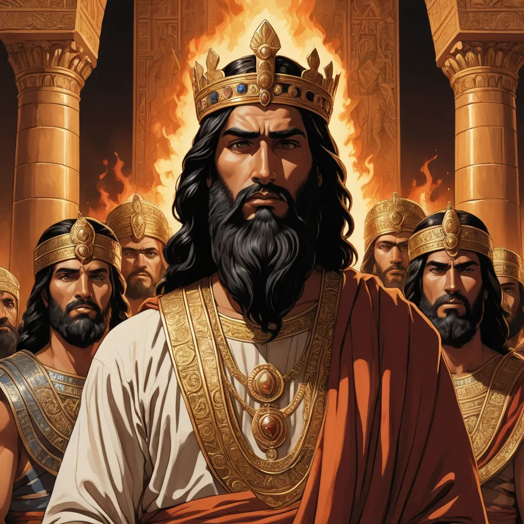 a painting of a man with a crown and a lot of other men in front of him with fire, unilalianism, a detailed drawing, Altoon Sultan, highly detailed digital painting